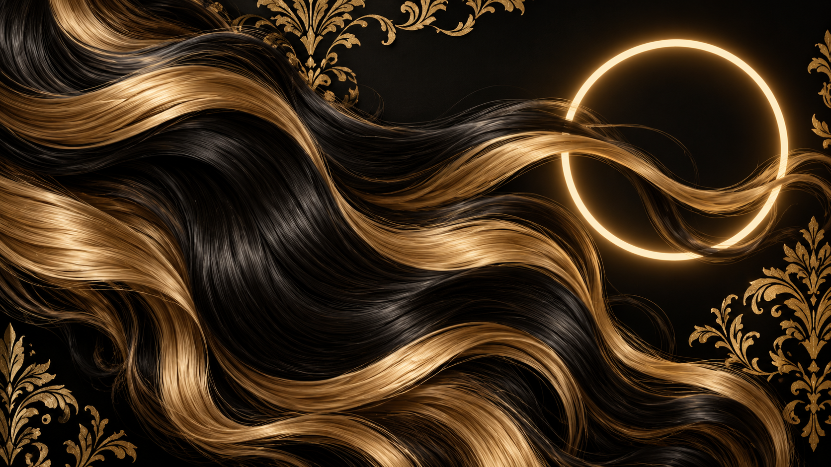 Black and gold illustration of flowing hair strands with damask flourishes