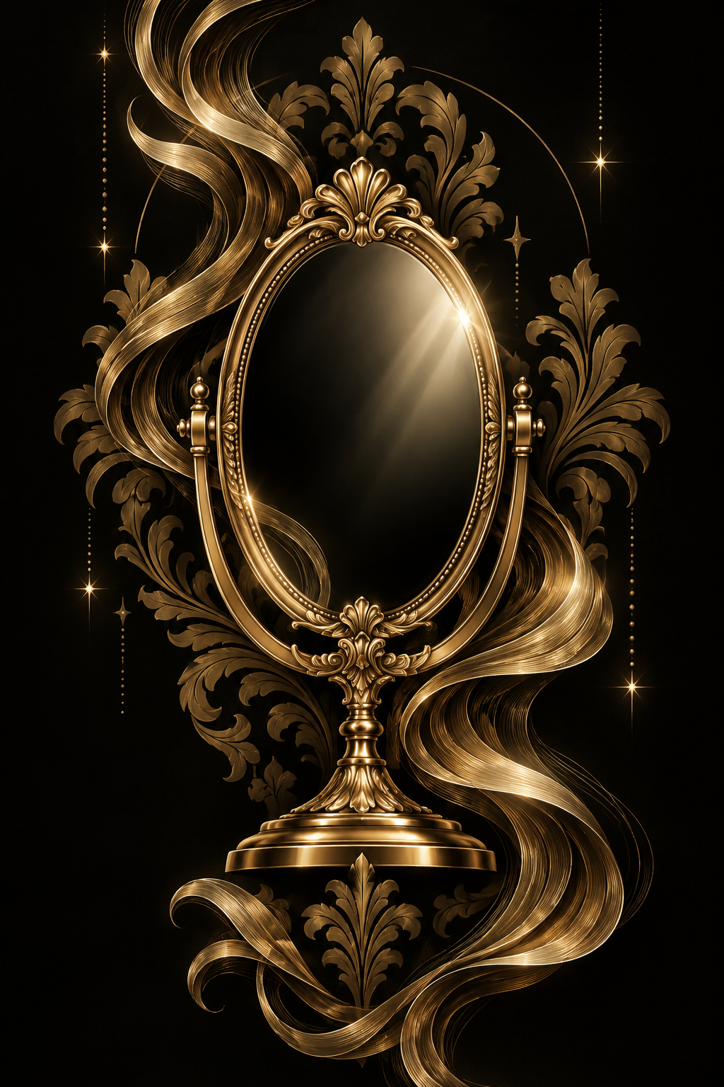 Gold vanity mirror illustration wreathed in damask flourishes on black